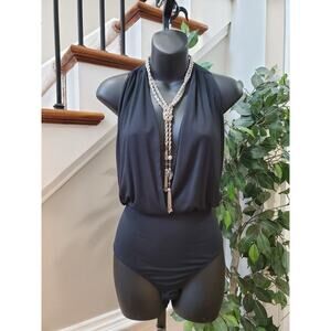 Joes Women Black Solid Modal Deep Neckline Sleeveless One-Piece Bodysuit Size L